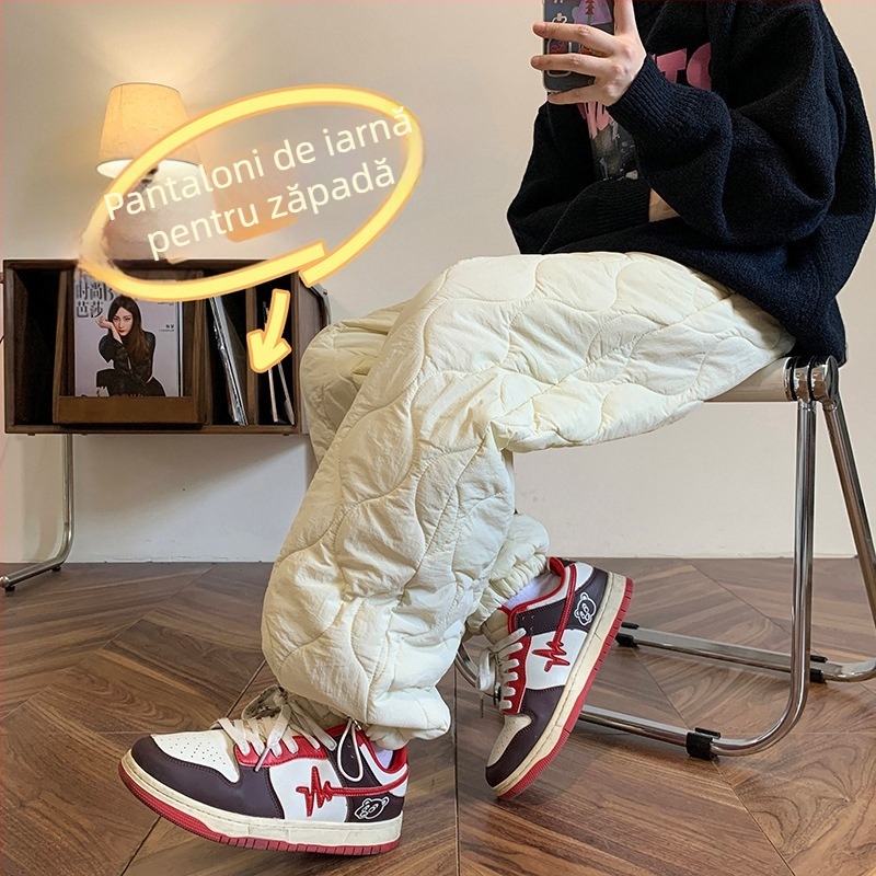 Pantaloni de iarnă sport casual pentru bărbați, croială dreaptă, 100% poliester, țesătură groasă, cu curea și închidere cu șnur