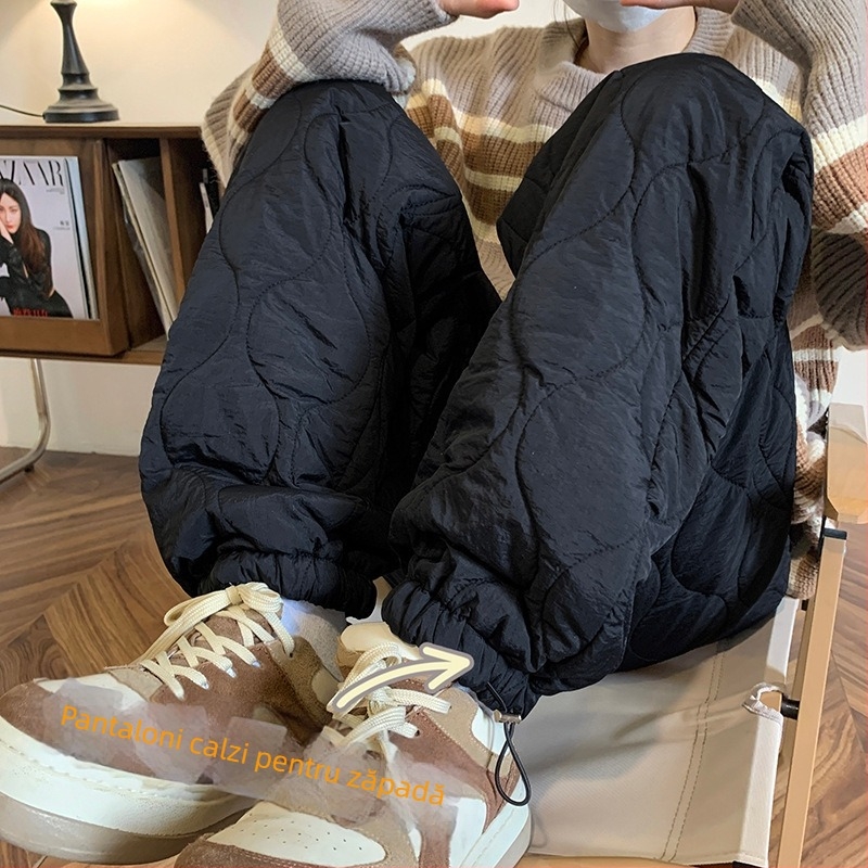 Pantaloni de iarnă sport casual pentru bărbați, croială dreaptă, 100% poliester, țesătură groasă, cu curea și închidere cu șnur