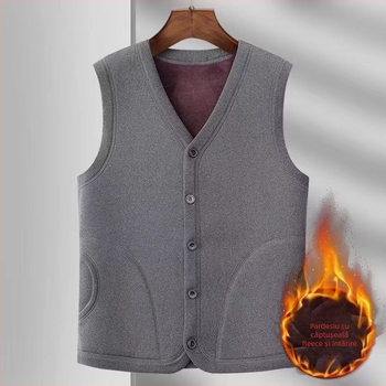 Vesta din bumbac căptușită cu fleece pentru toamnă, guler în V, închidere simplă, buzunare cu patch