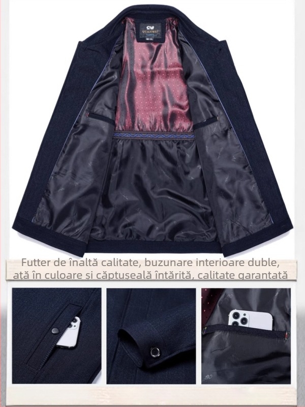 Jachetă pentru bărbați, lungime medie, rever clasic, închidere cu nasturi, mâneci lungi, poliester pentru toate anotimpurile