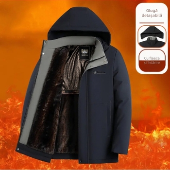 Jachetă de iarnă pentru bărbați, cu glugă, material gros, fermoar frontal