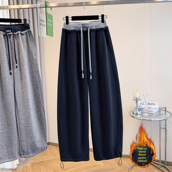 Pantaloni casual pentru femei, stil coreean de iarnă, căptușiți cu fleece, croială dreaptă, talie înaltă, din bumbac