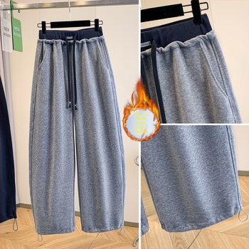 Pantaloni casual pentru femei, stil coreean de iarnă, căptușiți cu fleece, croială dreaptă, talie înaltă, din bumbac