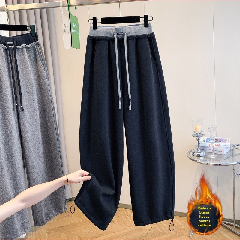 Pantaloni casual pentru femei, stil coreean de iarnă, căptușiți cu fleece, croială dreaptă, talie înaltă, din bumbac