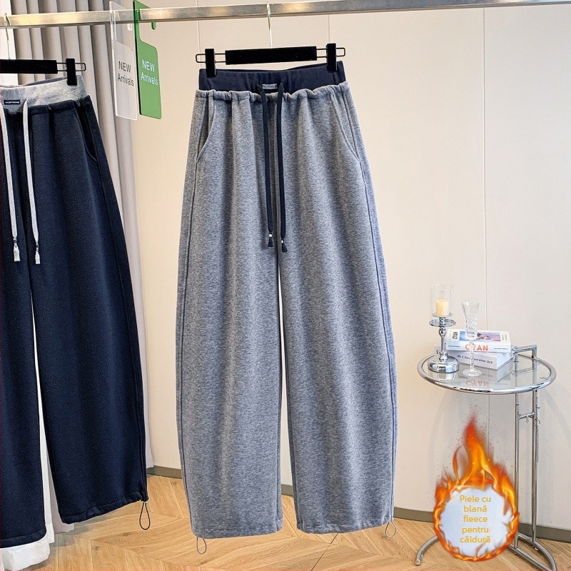 Pantaloni casual pentru femei, stil coreean de iarnă, căptușiți cu fleece, croială dreaptă, talie înaltă, din bumbac