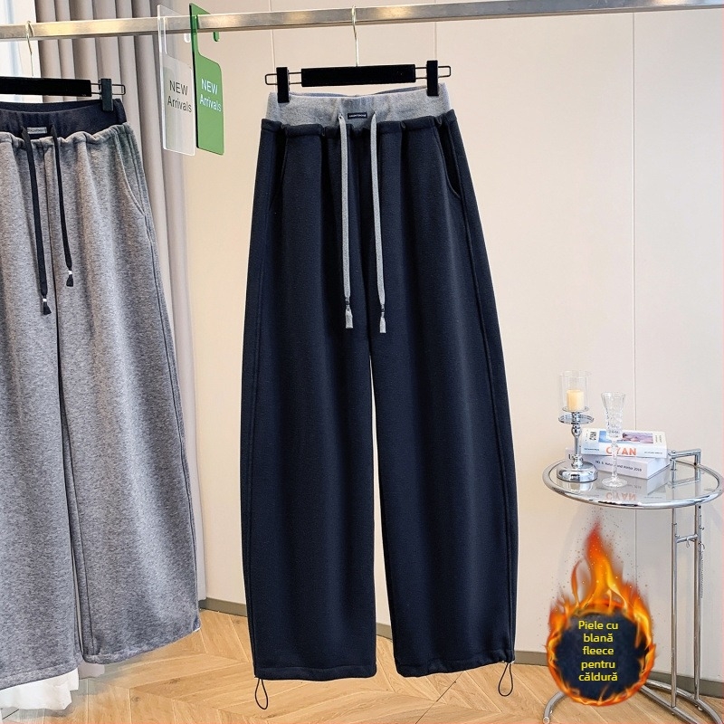 Pantaloni casual pentru femei, stil coreean de iarnă, căptușiți cu fleece, croială dreaptă, talie înaltă, din bumbac