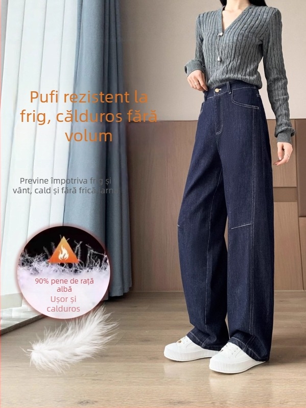 Pantaloni de damă din puf pentru iarnă, groși, croială dreaptă, talie înaltă, umplutură din puf de rață alb 80-90%