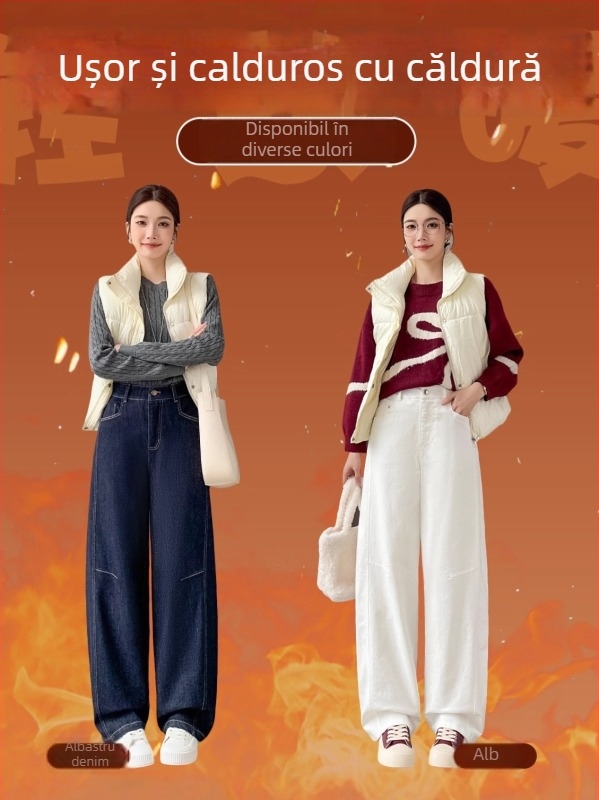 Pantaloni de damă din puf pentru iarnă, groși, croială dreaptă, talie înaltă, umplutură din puf de rață alb 80-90%