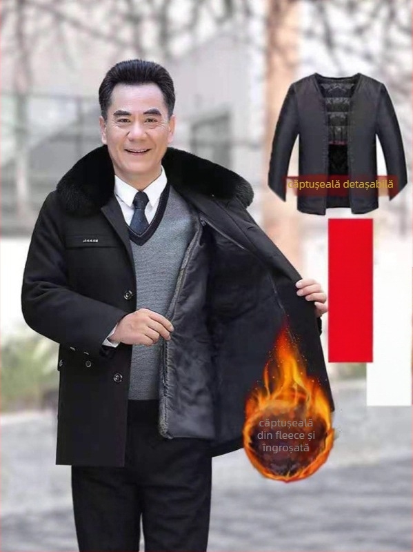 Geacă de iarnă pentru bărbați din bumbac, cu căptușeală detașabilă, umplere extrem de groasă, mâneci lungi, guler rever, lungime medie-lungă