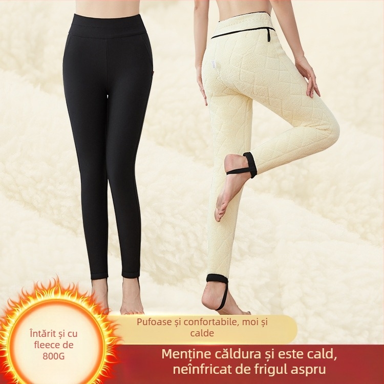 Pantaloni de iarnă pentru femei, talie înaltă, ultra-groși, model 3D, croială Slim Fit, croială de tip creion, țesătură poliester cu mătase de dud