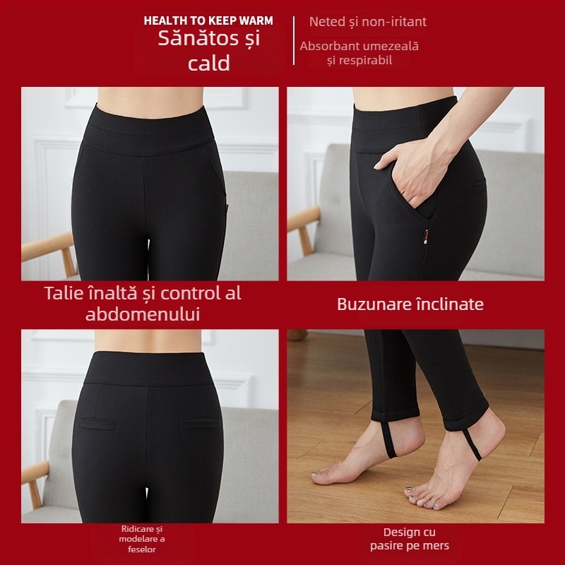 Pantaloni de iarnă pentru femei, talie înaltă, ultra-groși, model 3D, croială Slim Fit, croială de tip creion, țesătură poliester cu mătase de dud