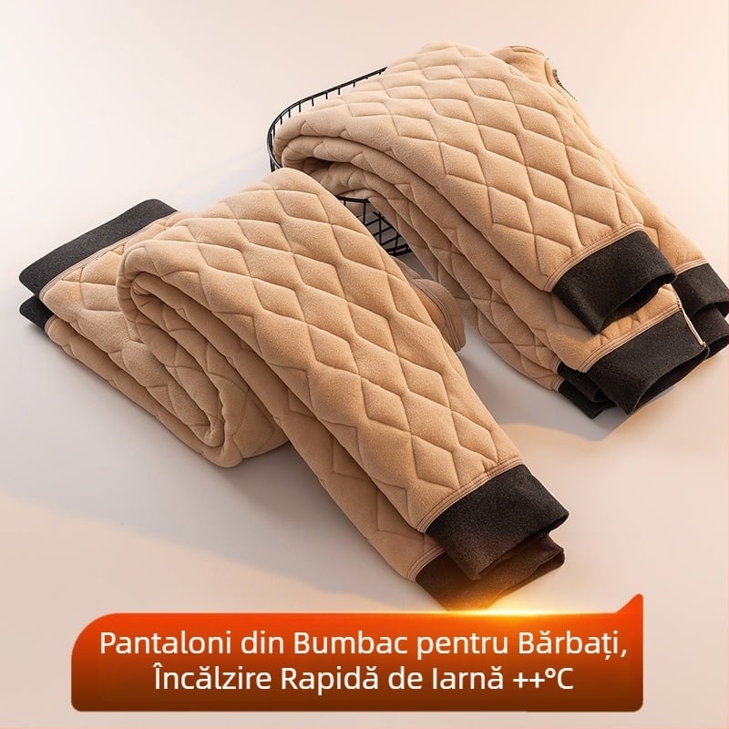 Pantaloni bărbați din lână, calzi, căptuți cu fleece, cu trei straturi, talie înaltă pentru iarnă