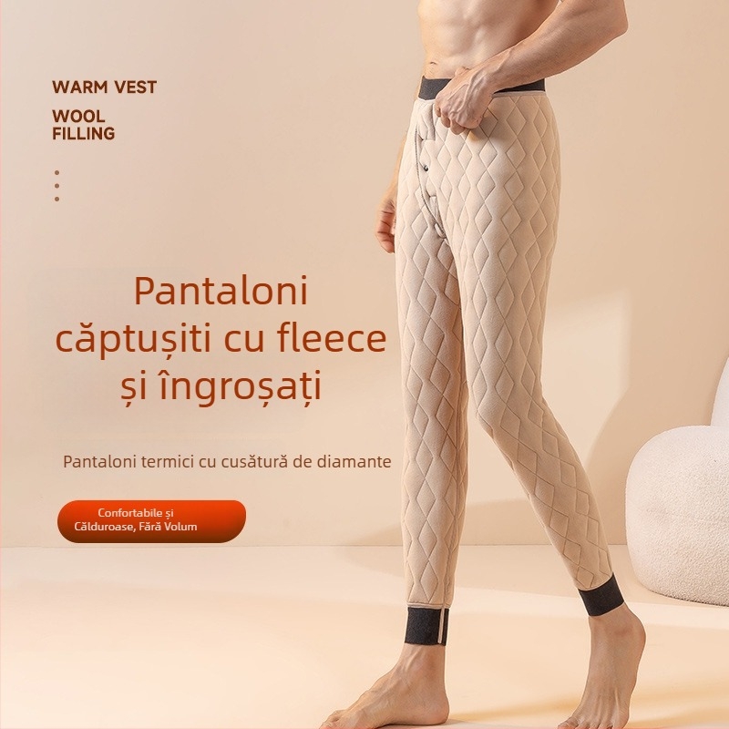 Pantaloni bărbați din lână, calzi, căptuți cu fleece, cu trei straturi, talie înaltă pentru iarnă
