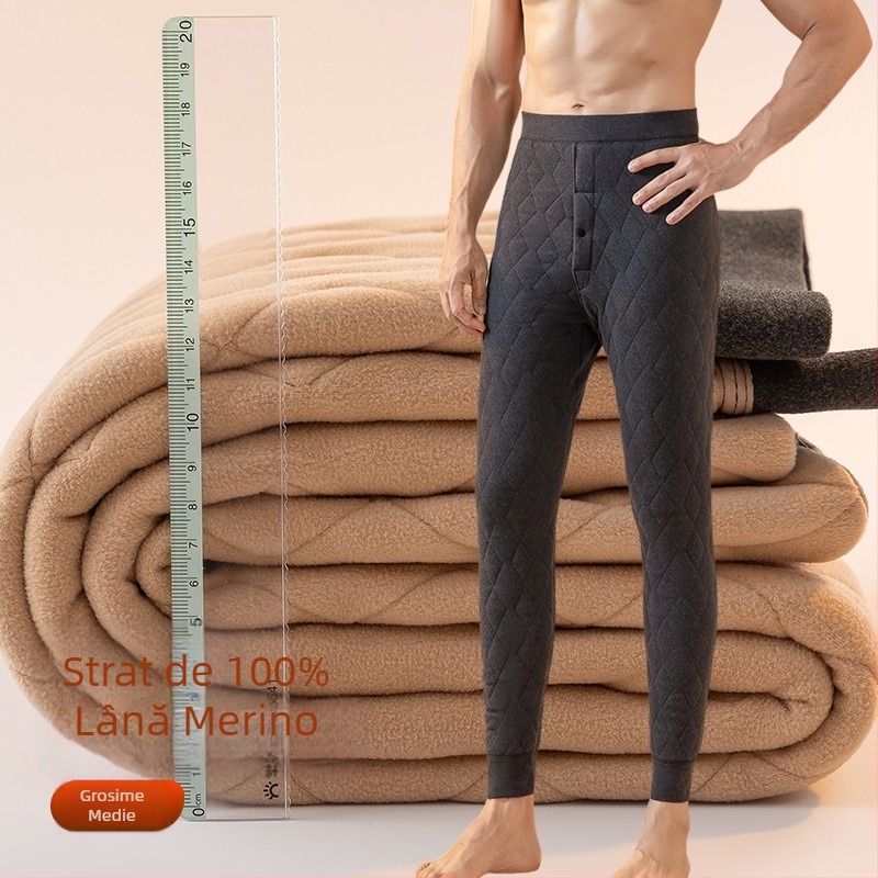 Pantaloni bărbați din lână, calzi, căptuți cu fleece, cu trei straturi, talie înaltă pentru iarnă