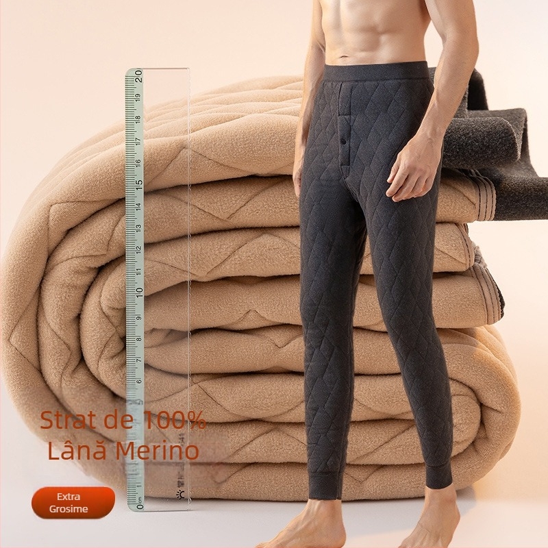 Pantaloni bărbați din lână, calzi, căptuți cu fleece, cu trei straturi, talie înaltă pentru iarnă