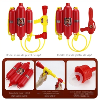 Set de joacă Pompier pentru copii cu pistol de apă din plastic, rucsac, cască și stingător de incendiu, destinat copiilor 4–6 ani.