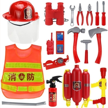 Set de joacă Pompier pentru copii cu pistol de apă din plastic, rucsac, cască și stingător de incendiu, destinat copiilor 4–6 ani.