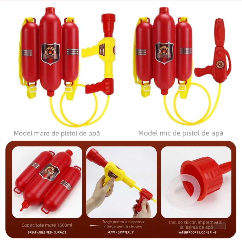 Set de joacă Pompier pentru copii cu pistol de apă din plastic, rucsac, cască și stingător de incendiu, destinat copiilor 4–6 ani.