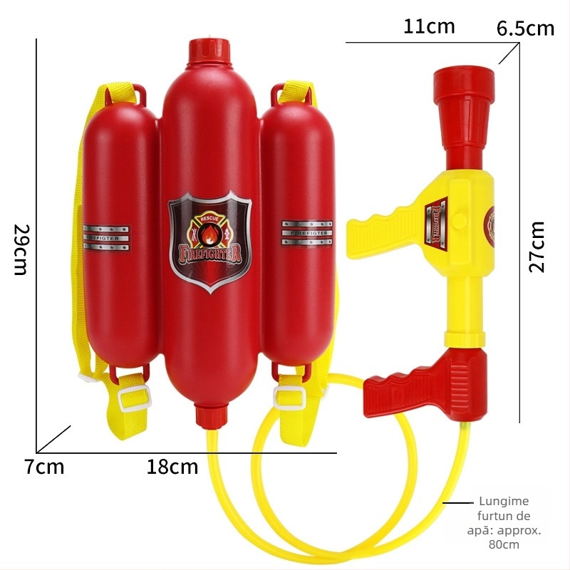 Set de joacă Pompier pentru copii cu pistol de apă din plastic, rucsac, cască și stingător de incendiu, destinat copiilor 4–6 ani.