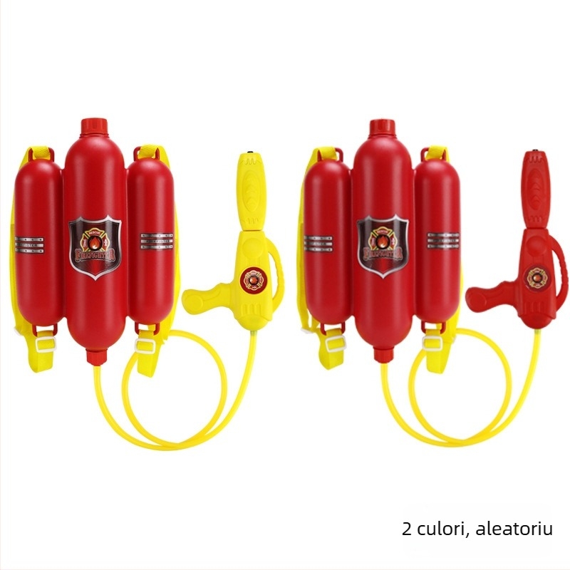 Set de joacă Pompier pentru copii cu pistol de apă din plastic, rucsac, cască și stingător de incendiu, destinat copiilor 4–6 ani.