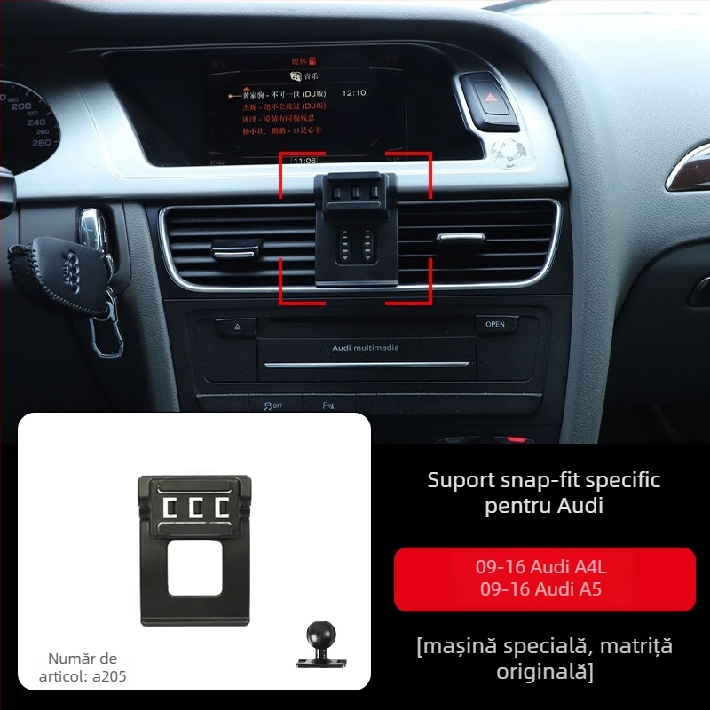 Suport de telefon pentru panoul de instrumente Audi cu bază snap-on, compatibil cu A3/A4L/A5/A6LL și Q2/Q3/Q5L/Q7