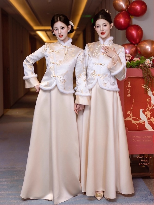 Rochie de domnișoare de onoare cu mâneci lungi, croială în A-line, talie la mijloc, poliester mercerizat cu accente din piele de capră sub 30%