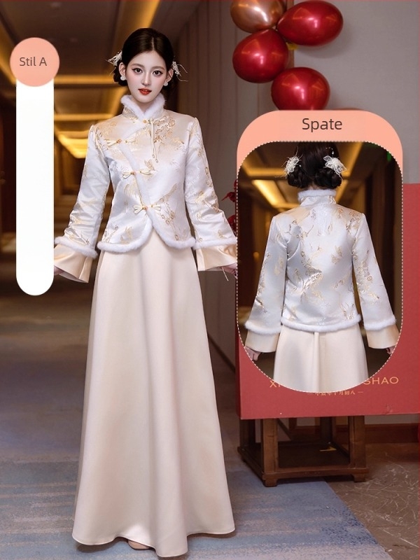 Rochie de domnișoare de onoare cu mâneci lungi, croială în A-line, talie la mijloc, poliester mercerizat cu accente din piele de capră sub 30%