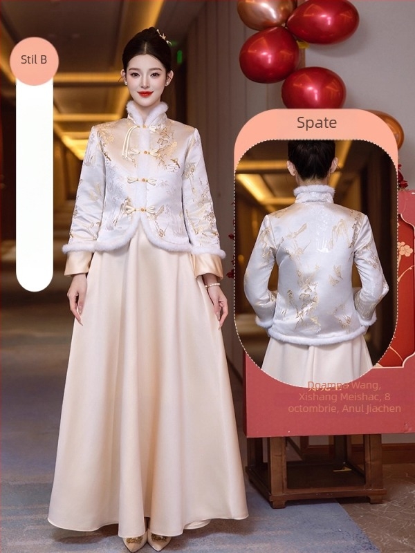 Rochie de domnișoare de onoare cu mâneci lungi, croială în A-line, talie la mijloc, poliester mercerizat cu accente din piele de capră sub 30%