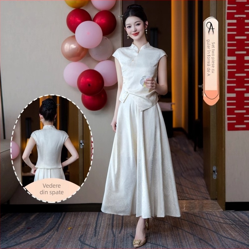 Rochie de domnișoară în stil chinezesc, set din două piese, vara 2025, țesătură poliester embossată, conținut poliester 70–80%, croială de tip A-line