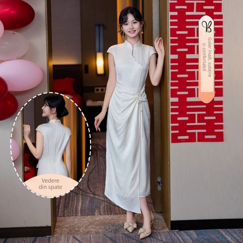 Rochie de domnișoară în stil chinezesc, set din două piese, vara 2025, țesătură poliester embossată, conținut poliester 70–80%, croială de tip A-line