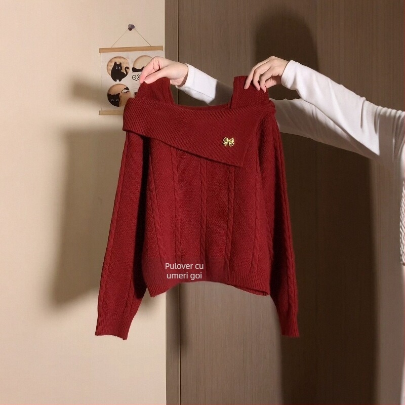 Pulover chenille tricotat cu spandex, guler polo, maneci lungi