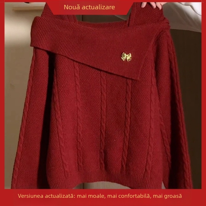 Pulover chenille tricotat cu spandex, guler polo, maneci lungi