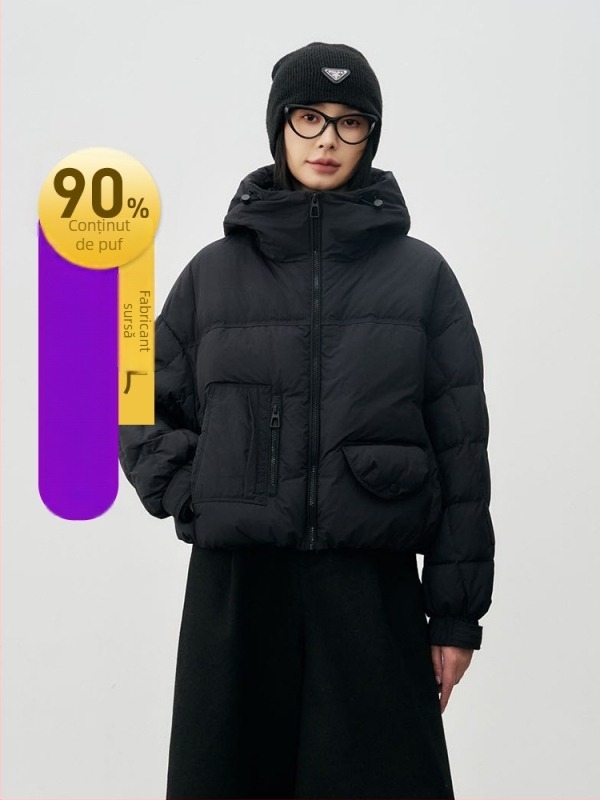 Geacă de iarnă pentru femei cu glugă, croială lejeră, conținut puf 86–90%, fermoar, lungime medie