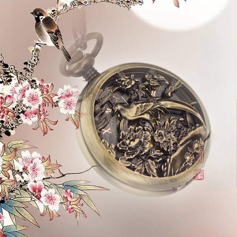 Hongshida ceas de buzunar – mecanism mecanic, cadran 46 mm, carcasă din aliaj de zinc, grosime 12 mm, capac rabat cu model gravat; stil retro Shanghai