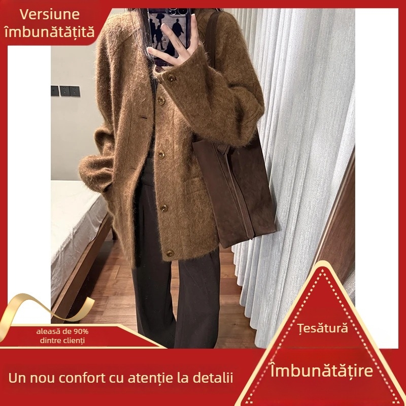 Palton din lână cu decolteu în V, lungime medie, mâneci lungi, stil casual japonez-coreean