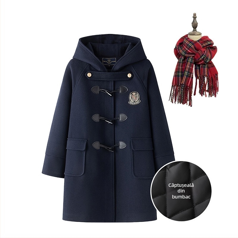 Palton cu glugă, nasturi din corn, buzunare | Lână sintetică, lungime scurtă, iarna 2024, stil japonezo-coreean