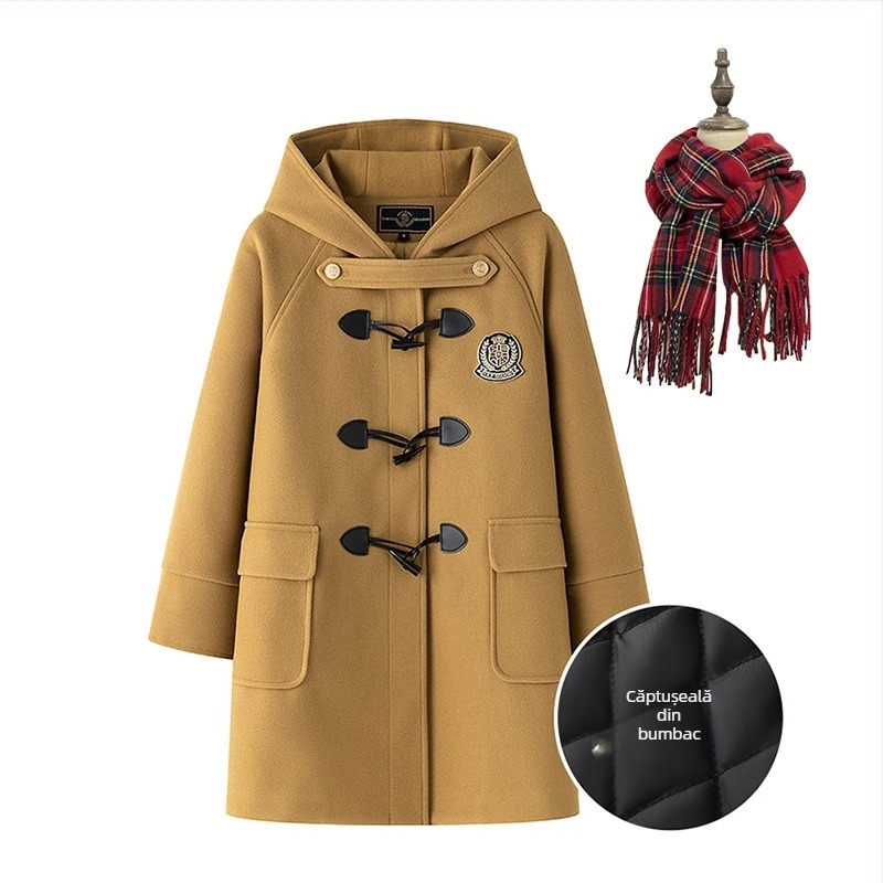 Palton cu glugă, nasturi din corn, buzunare | Lână sintetică, lungime scurtă, iarna 2024, stil japonezo-coreean