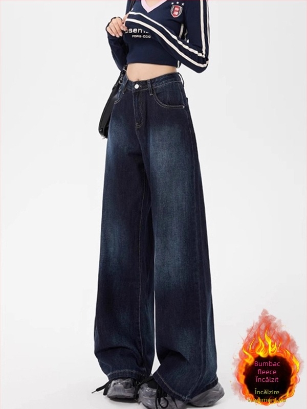 Pantaloni de denim pentru femei cu talie înaltă și croială largă, căptușeală de catifea, lansare toamnă 2025