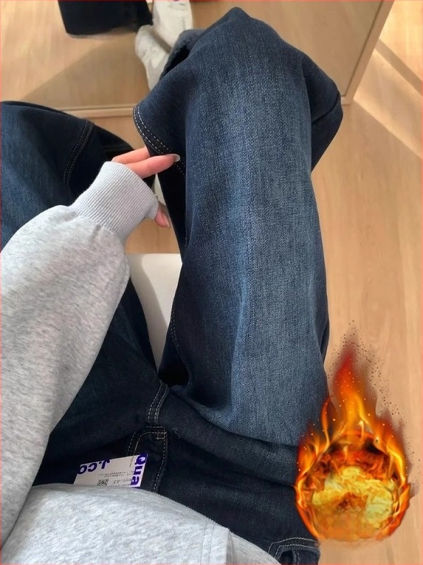 Jeans din denim pentru femei, cu căptușeală din fleece, iarna 2025, talie înaltă, croială wide-leg, lungime până la podea