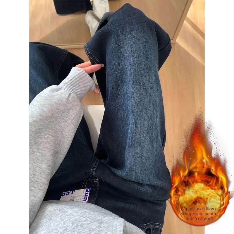 Jeans din denim pentru femei, cu căptușeală din fleece, iarna 2025, talie înaltă, croială wide-leg, lungime până la podea