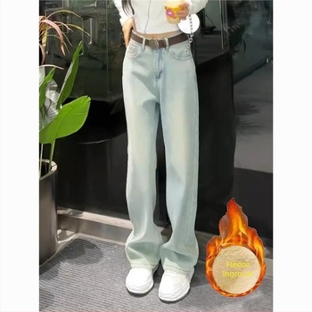 Jeans damă din denim cu croială dreaptă, căptușite cu fleece, denim din bumbac, sezonul de iarnă 2025, talie înaltă, stil japano-coreean de relaxare, fără călcare