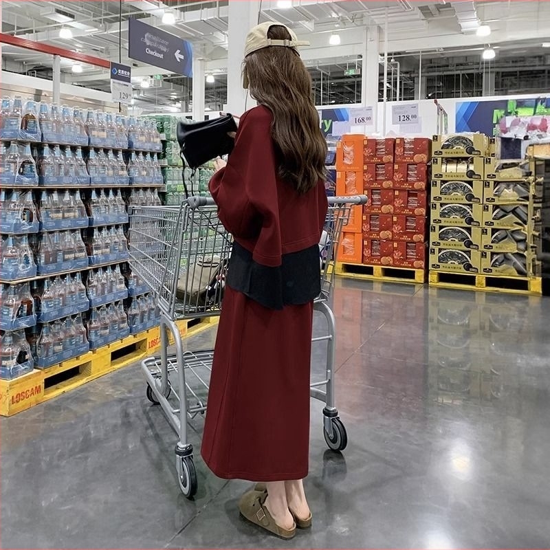 Set casual fustă-sweatshirt cu mâneci lungi și fustă de lungime medie, poliester, design colaj/splice, stil office