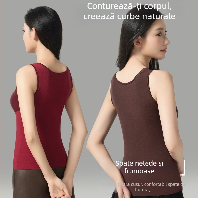 Veste termică pentru femei cu cupe încorporate și pernă pentru sân, poliester cu două straturi, cu model simplu, modelează silueta și încălzește.