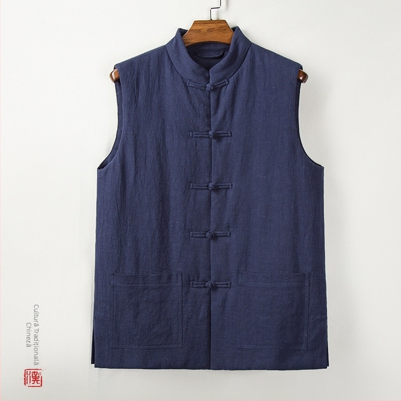 Vestă din bumbac căptușită, cu guler înalt, croială lejeră, închidere cu un singur nasture, culoare uni, stil cardigan