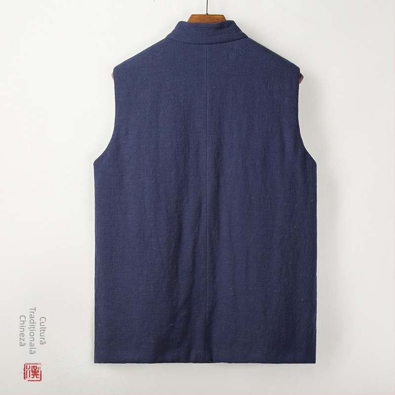 Vestă din bumbac căptușită, cu guler înalt, croială lejeră, închidere cu un singur nasture, culoare uni, stil cardigan