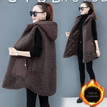 Vesta din bumbac pentru femei, umplutură din bumbac, lungime medie, croială lejeră, guler atârnător, plachetă cu nasturi pe un rând