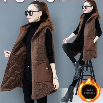 Vesta din bumbac pentru femei, umplutură din bumbac, lungime medie, croială lejeră, guler atârnător, plachetă cu nasturi pe un rând