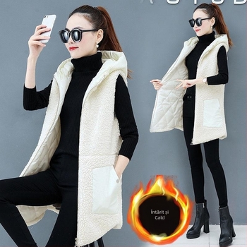 Vesta din bumbac pentru femei, umplutură din bumbac, lungime medie, croială lejeră, guler atârnător, plachetă cu nasturi pe un rând