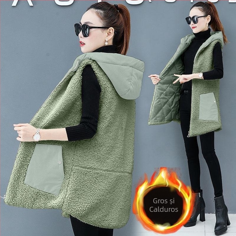 Vesta din bumbac pentru femei, umplutură din bumbac, lungime medie, croială lejeră, guler atârnător, plachetă cu nasturi pe un rând