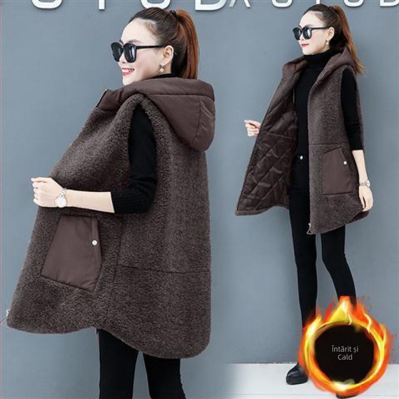 Vesta din bumbac pentru femei, umplutură din bumbac, lungime medie, croială lejeră, guler atârnător, plachetă cu nasturi pe un rând